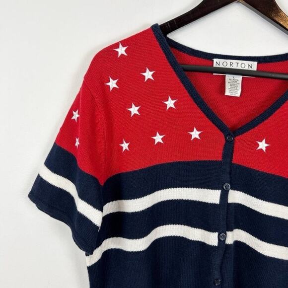 Vintage Norton Studio American Flag Patriotic Printed Short Sleeve Sweater Large - Picture 4 of 5
